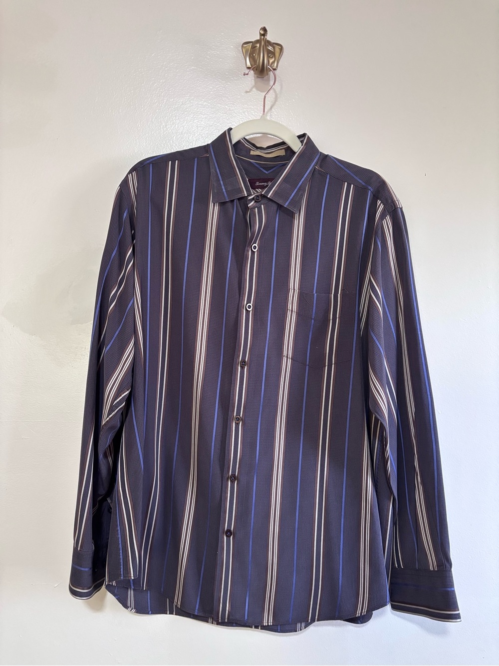 Tommy Bahama 100% Silk Purple and Blue Vertical Stripe Dress Shirt